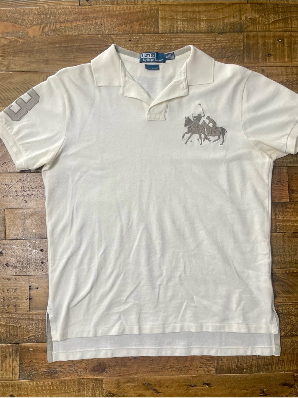 Polo Ralph Lauren Shirt Men's M White Cream Grey Double Big Pony Short Sleeve